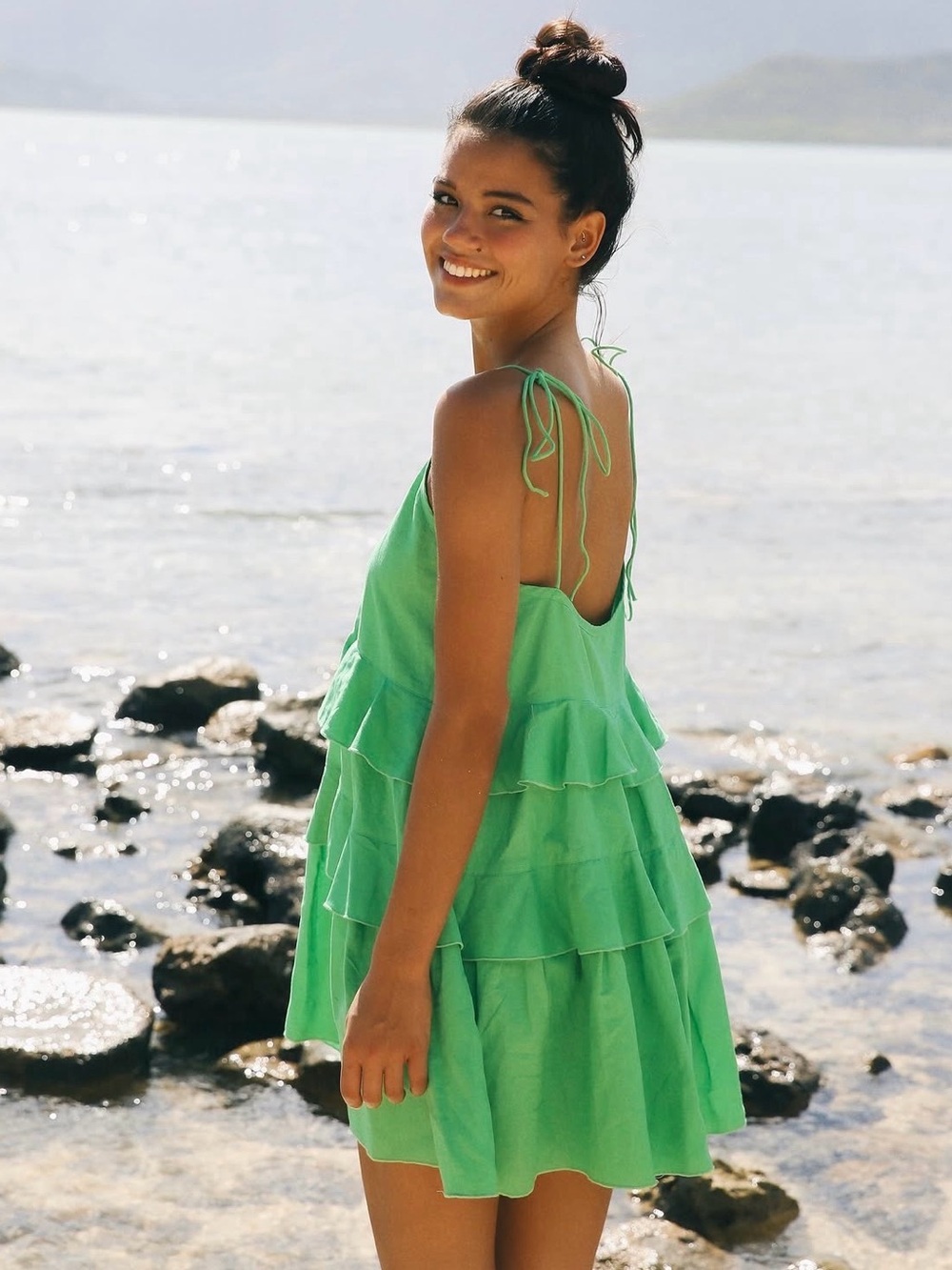 Cousin the Label Linen blend Green Tiered Mini Dress with Tie Straps
